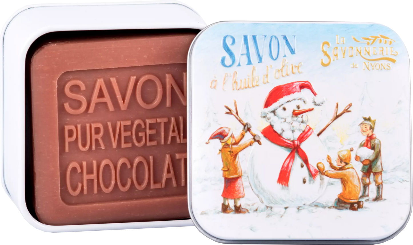 Soap 100g in a tin box "NOËL 3 Bonhomme de Neige" - Chocolate