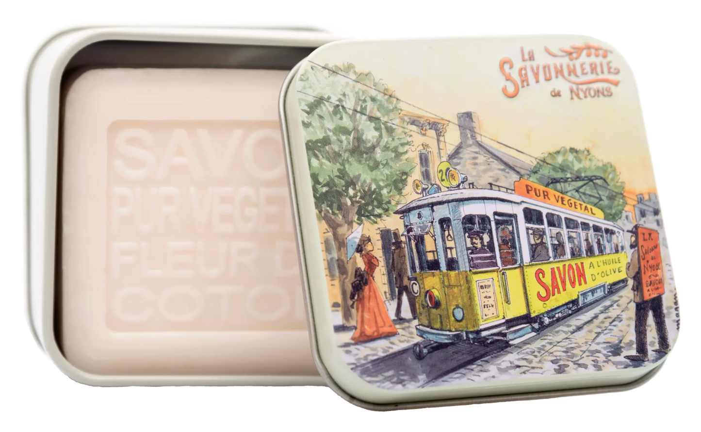 Soap 100g in a tin box "LES TRAINS Le tramway" - Cotton flower